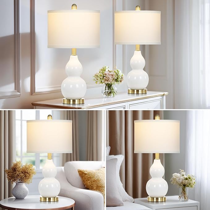 22" Modern Double Gourd Ceramic Table Lamps Set of 2, White Bedside Lamps for Living Room, Contemporary Nightstand Desk Lamps for Bedroom End Table Home Office Decor(2 LED Bulbs Included) - Bloomnest