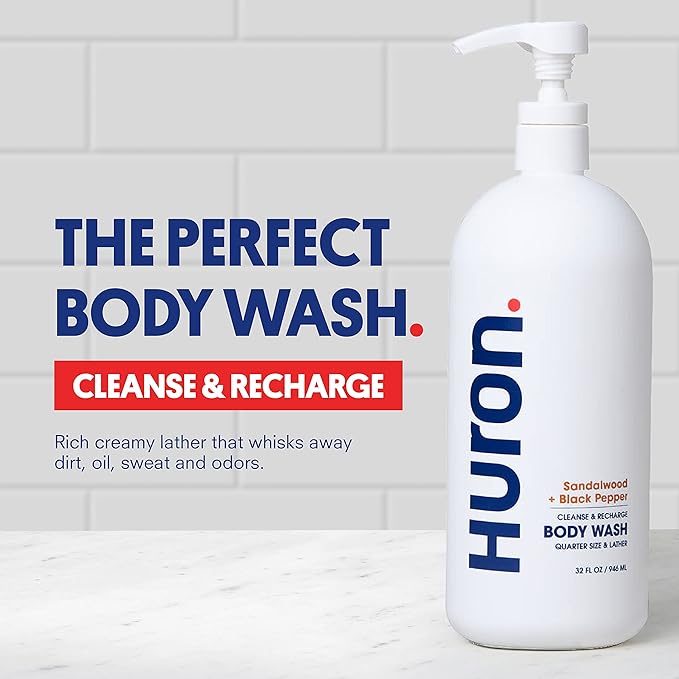 Huron Men’s Moisturizing Body Wash - Clean & Woody Scent of Sandalwood, Black Pepper, Cedarwood, & Amber - Made With Coconut Oil, Vitamin E & Witch Hazel - Vegan, Cruelty-Free - 30.3 fl oz - Bloomnest