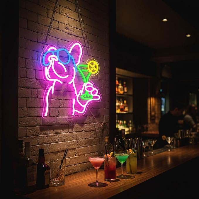 French Bulldog Drinking Cocktail Neon Sign,Bulldog Cocktail Bar Led Neon Signs for Wall Decor,Funny Dog Neon Light Up Sign,Neon Bar Signs for Bedroom Man Cave Party,French Bulldog Gifts - Bloomnest