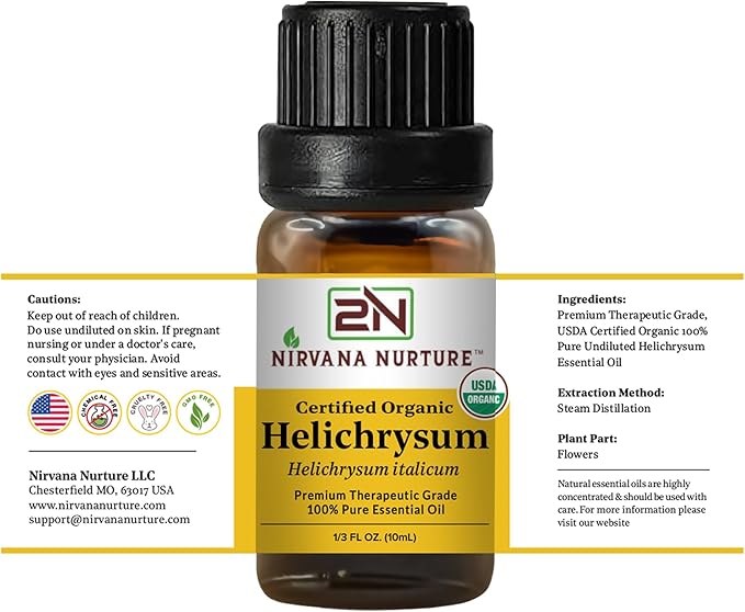 Helichrysum Essential Oil, USDA Certified Organic, 100% Pure Undiluted, Aromatherapy Oil for Diffuser, Hair & Skin Care NirvanaNurture