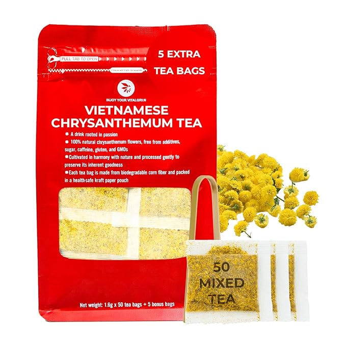 INJOY YOUR VITALGRI:N Vietnamese Chrysanthemum Tea - 55 Count (+5 Tea Bags) Bamboo Tong Included - 4.23 oz, Re-Steep Chrysanthemum Floral Scent Herbal Tea for Detox, Sleep, Relax Support, Daisy - Bloomnest