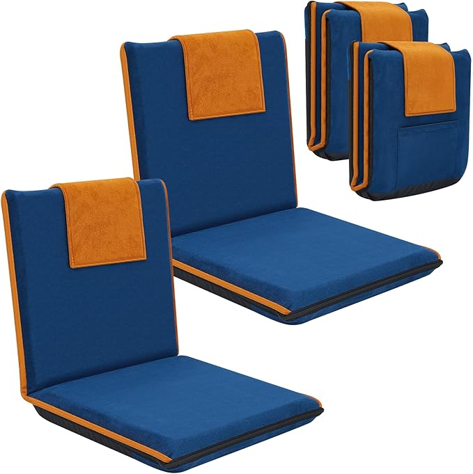 2 Pcs Floor Chair with Back Support Padded Floor Seating Portable Floor Seat Meditation Cushion Adjustable Fully Folding Backrest for Adult Kid Gaming Linen Washable Cover, Nylon Bottom (Blue, Khaki) - Bloomnest