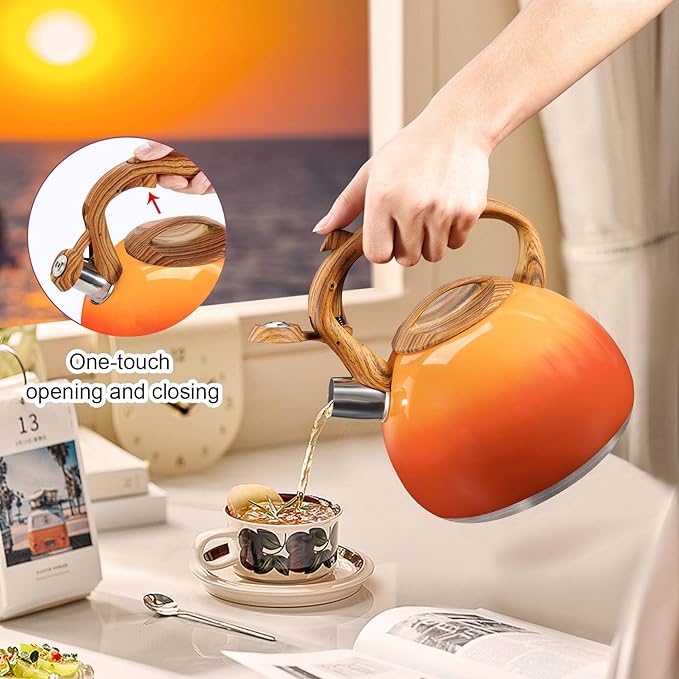 GGC Tea Kettle for Stove Top, 3.1QT/3L Whistling Tea Kettles for Boiling Water, Coffee or Milk, Red Sunset Tea Pot with Wood Pattern Handle, Stainless Steel Tea Pot for Home and Kitchen - Bloomnest