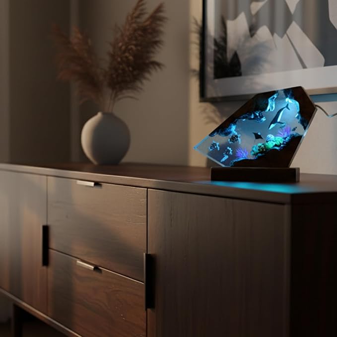 Handmade 3D Ocean Resin Lamp, Epoxy Ocean Night Light with Wooden Base, LED Color Changing Table Lamp, USB Powered Dragons Decor, Unique Ocean Gift for Bedroom & Home Office (Humback Whale) - Bloomnest