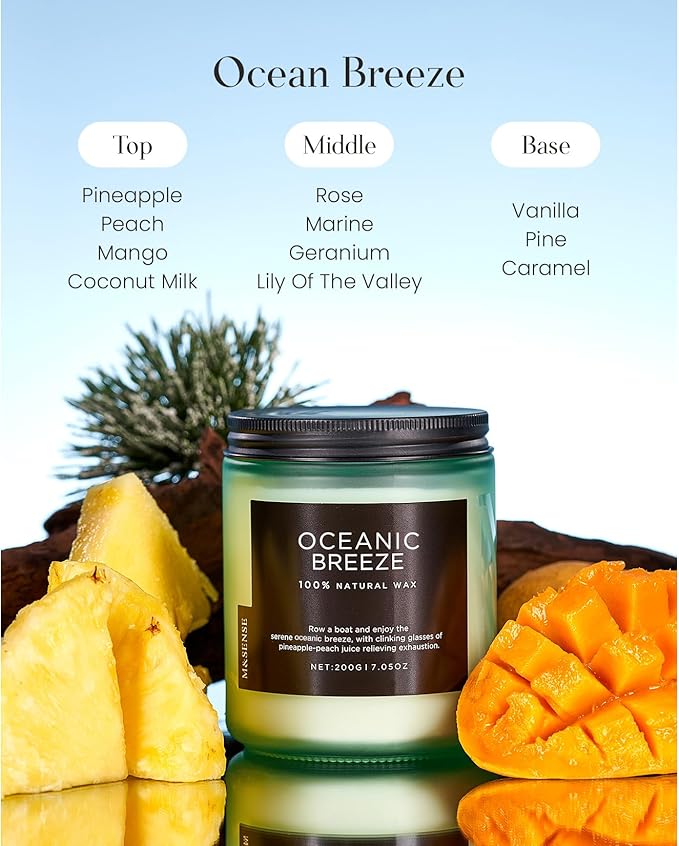 M&SENSE Candle Oceanic Breeze Scented Candle, Long Lasting Pineapple & Mango Scented Natural Soy Wax Candles 7.05oz 50 Hours Burn for Home Scented, Stress Relief Gifts for Women/Men - Bloomnest