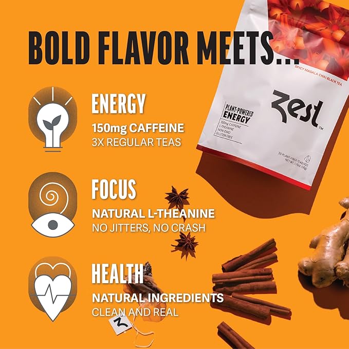 Zest 150mg High Caffeine Energy Leaf Blend - Spicy Masala Chai Black Tea - 20 Pack Bag - All Natural Strong Flavored Healthy Coffee Alternative Highly Caffeinated Substitute - Perfect for Keto Diet - Bloomnest
