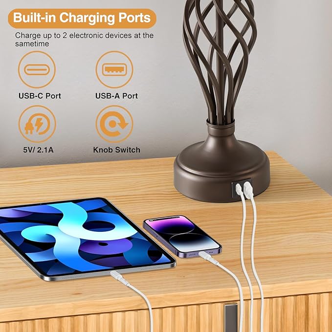 Table Lamp for Bedroom Set of 2 with USB C+A Ports - Modern Brown Bedside Lamps with Spiral Cage Base Fabric Shade - Nightstand Lamp for Living Room Reading Bed Side End Table 2 LED Bulbs Included - Bloomnest