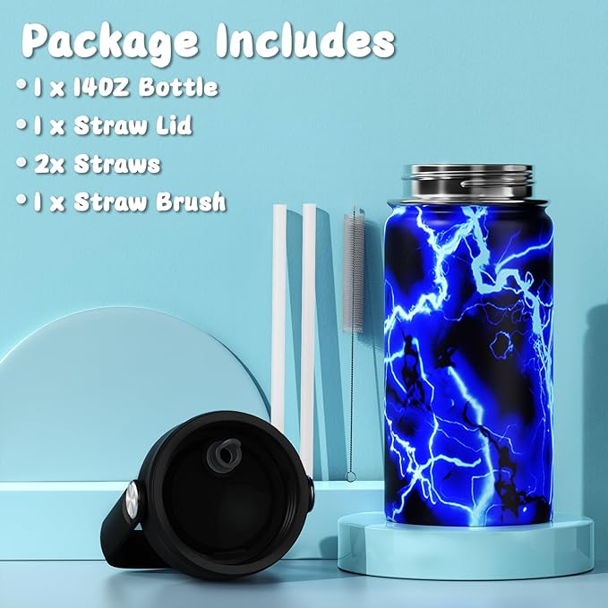 14oz Kids Insulated Water Bottle with Straw Lid - 18/8 Stainless Steel Kid Cup Travel Tumbler Double Wall Vacuum Leak Proof Portable Toddler Water Bottle (Lightning） - Bloomnest