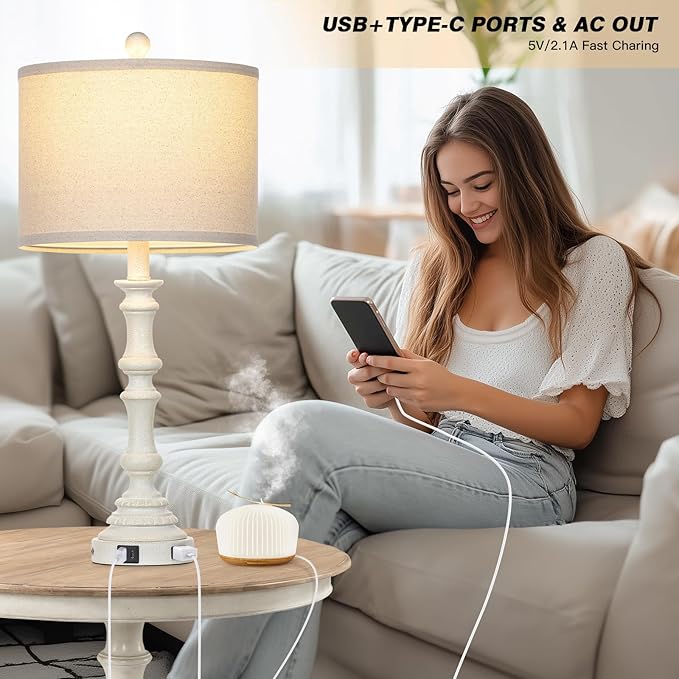 27.5" Tall Table Lamp for Living Room Set of 2, Vintage Farmhouse Table Lamps with USB C+A Ports, 3-Way Dimmable Touch Bedside Lamps, Tradition Bedroom Lamps for Nightstand Side End Table Desk, White - Bloomnest