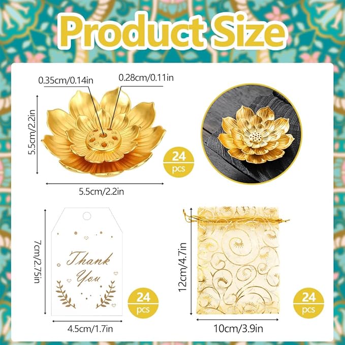 72 Pack Diwali Gifts Bulk, Lotus Incense Holder, Indian Return Gifts for Pooja Bulk, Gold Lotus Incense Sticks Holder with Organza Bags & Thank You Cards, Indian Return Gift - Bloomnest