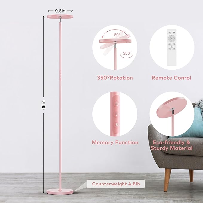 Pink Dimmable Floor Lamp, Bright 36W 3500LM Standing Lamp with Remote Touch Control, 2700K Soft White to 6500K Cool White Adjustable, LED Torchiere Tall Light for Living Room,Bedroom,Office,Sofa - Bloomnest