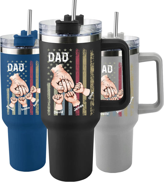 Custom Dad Tumbler with Kids Names, Personalized 40 Oz Tumbler with Handle and Straw, Personalized Birthday Gifts for Dad Husband