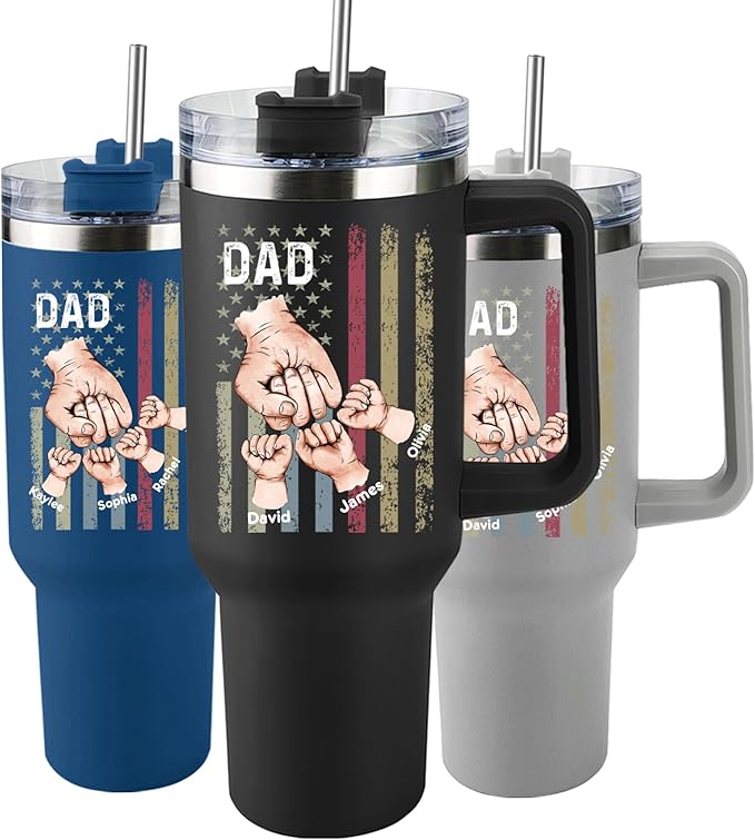 Custom Dad Tumbler with Kids Names, Personalized 40 Oz Tumbler with Handle and Straw, Personalized Birthday Gifts for Dad Husband - Bloomnest