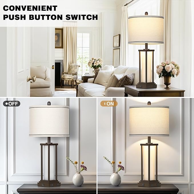 27" Tall Vintage Table Lamps with USB C+A & Outlet,Brown End Table Lamp Set of 2 for Living Room,Rustic Bedside Lamps with Frosted Glass Night Light for Bedroom Nightstand,Oil-Rubbed Bronze - Bloomnest