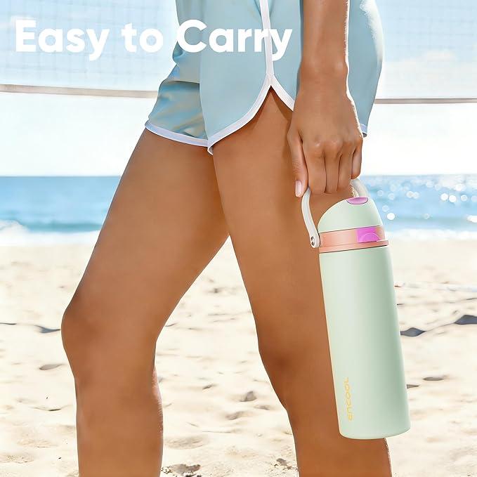 Insulated Water Bottle with Straw - Encool Stainless Steel Water Bottle with Push Button Lid, Leak-Proof & BPA-Free, Keeps Cold for 24 Hours for Sports, Travel, Gym (18 oz, Geyser Green) ENCOOL