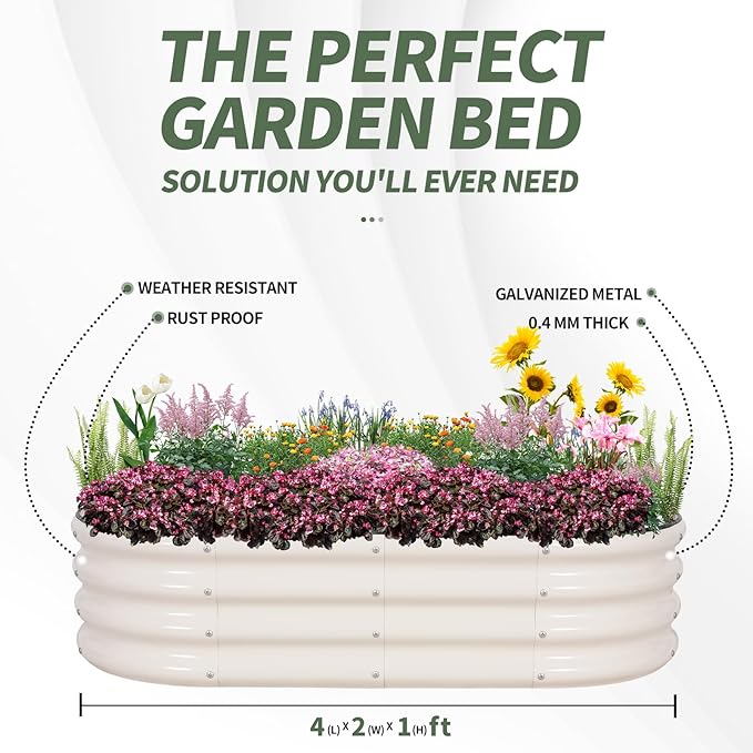 1MORE Galvanized Raised Garden Bed- Planter Garden Boxes Outdoor, Raised Beds for Gardening, 4x2x1ft Metal Garden Bed Kit for Vegetables Flower, Planter Raised Beds with Protective Tape & Tools.White - Bloomnest