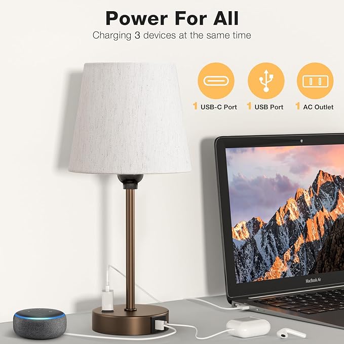 Acaxin Brown Bedside Lamps for bedrooms Set of 2 - Nightstand Bedroom Lamp with USB C Port and AC Outlet Charging, 3 Way Dimmable Touch Control Small Bed Side Table Lamp, Nightstand Light for Kids - Bloomnest