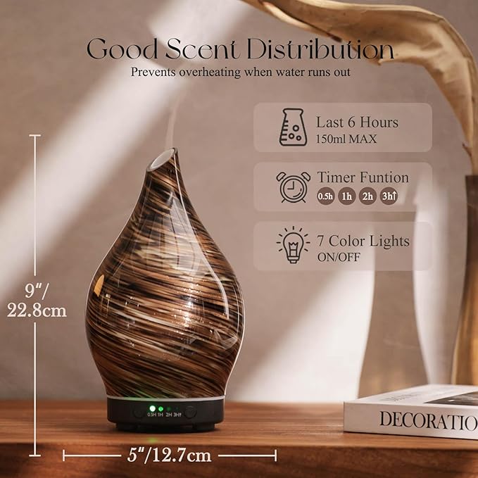 Porseme 150ml Essential Oil Diffuser Glass Color Changing Aroma Air Diffusers Aromatherapy Ultrasonic Cool Mist Humidifier 6 Running Hours Waterless Auto-Off for Sleeping Yoga Office Spa (Dark Golden) - Bloomnest