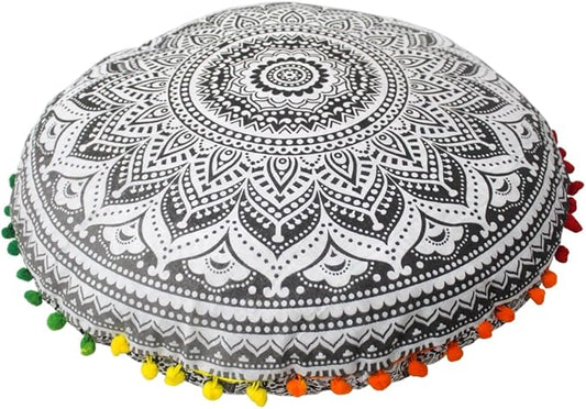 CRAFT KALA Large Round Bohemian Floor Pillow Pouf Cover Mandala Meditation Room Pillow Cover for Adults Boho Seating Poufs Cushion Cover for Kids Playroom 32" Round Grey Ombre - Bloomnest