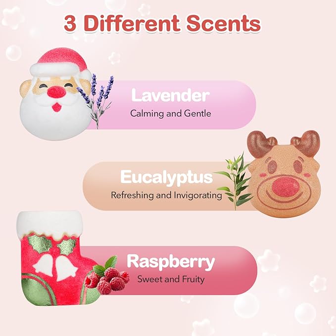SHUCHING 9 XXL Christmas Bath Bombs with Surprise Inside, Natural and Organic Bubble Bath Fizzy Balls Gifts Set for Kids Boys Girls, Santa Claus and Reindeer Shaped - Bloomnest