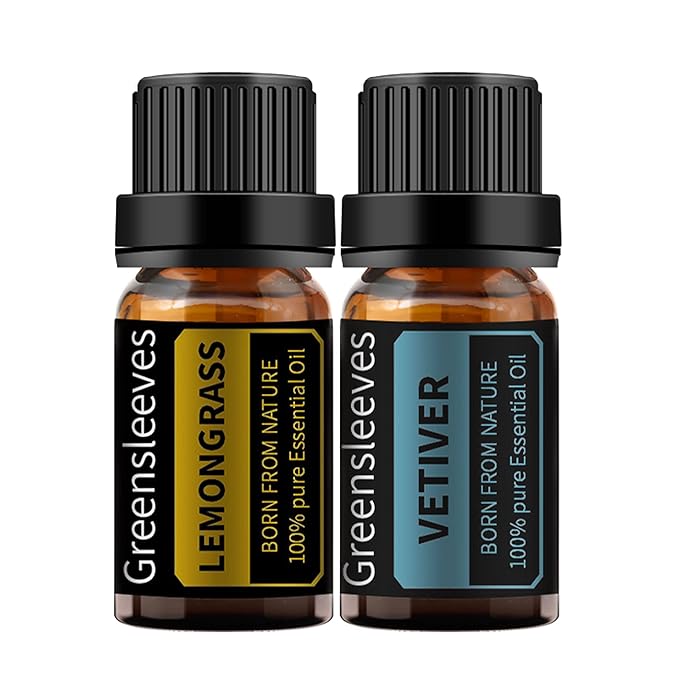 GREENSLEEVES Vetiver and Lemongrass Essential Oil Set, 2 x 10ml Pure Plant-Based Fragrance Oil for Aromatherapy, Essential Oils for Diffuser, Massage, Bath Bomb, Scented Candle Soap Making GREENSLEEVES