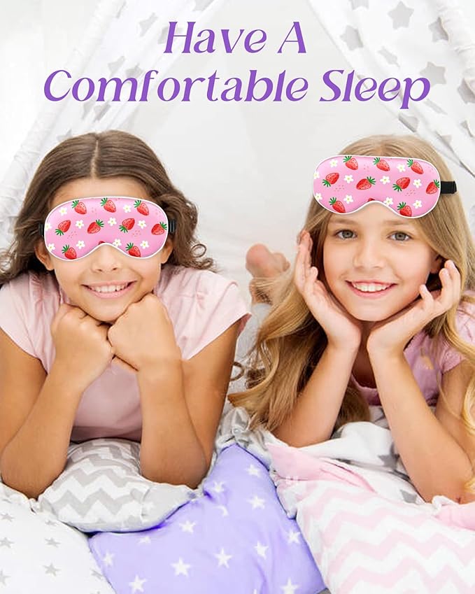 Sleep Mask for Kids - Silk Eye Mask for Sleeping Cute Cartoon Kids Sleep Mask for Boys Girls Teens Soft Smooth Adjustable Straps Silk Kids Eye Cover, Strawberry - Bloomnest