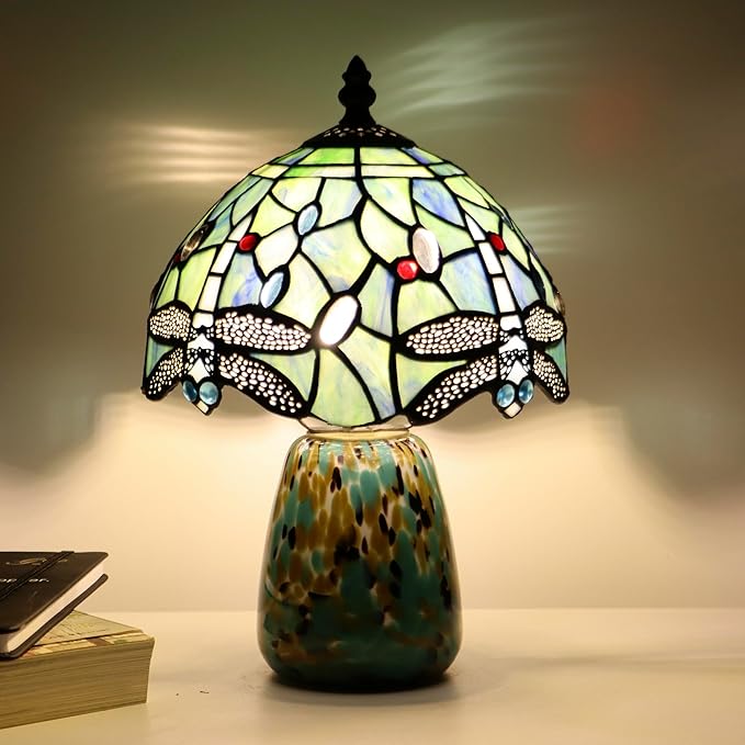 Tiffany Mushroom Table Lamp Dragonfly Style Sea Blue Stained Glass Accent Lamp Brown Blue Glass Base 8X8X12 Inch - Bloomnest