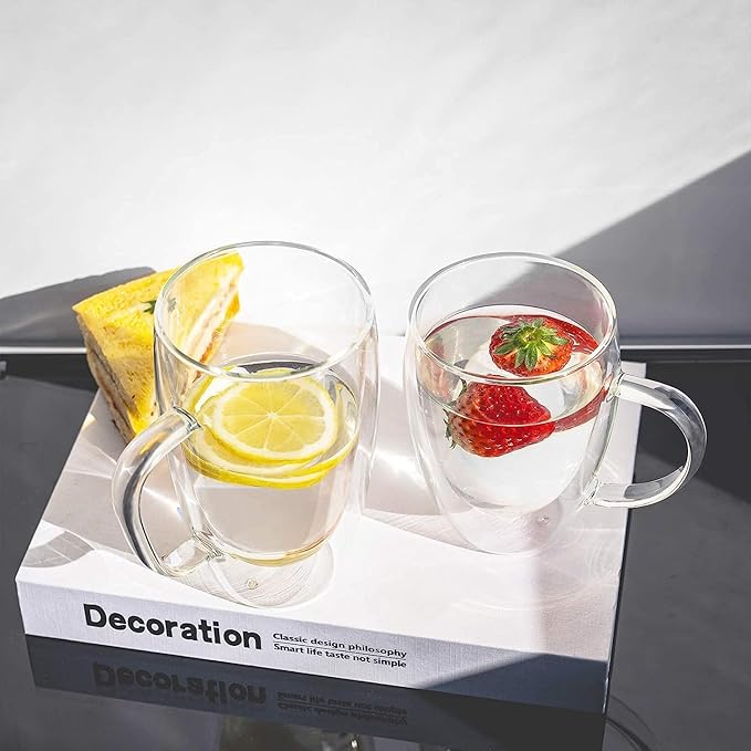 Espresso Cups Set Of 2 12 Oz, Double Walled Glass Coffee Mugs with Handle,Insulated Layer Coffee Cups,Clear Borosilicate Glass Mugs,Perfect for Cappuccino,Tea,Latte,Espresso,Hot Beverage,Wine - Bloomnest