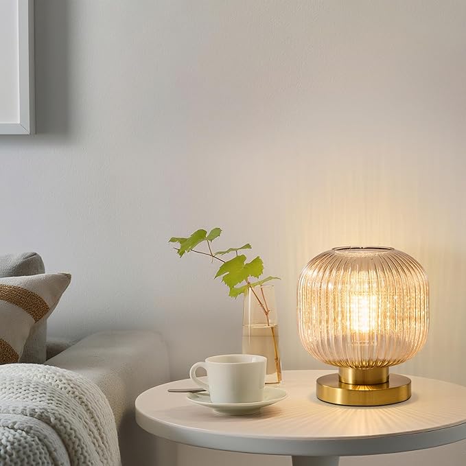 Small Amber Glass Table Lamp: Mid Century Modern Dimmable Nightstand Lamps - Vintage Decor Brass Desk Lamp with Plug - Ribbed Glass Bedside Tables Lamps for Bedroom Living Room Office Bulb Excluded - Bloomnest