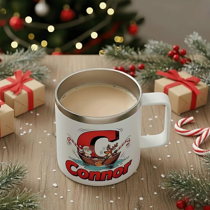 JugJug Personalized Christmas Mug with Initial & Name - Funny Rowing Santa & Reindeer 12oz Insulated Coffee Cup with Lid - Xmas Gifts for Kids, Boys (B156) - Bloomnest