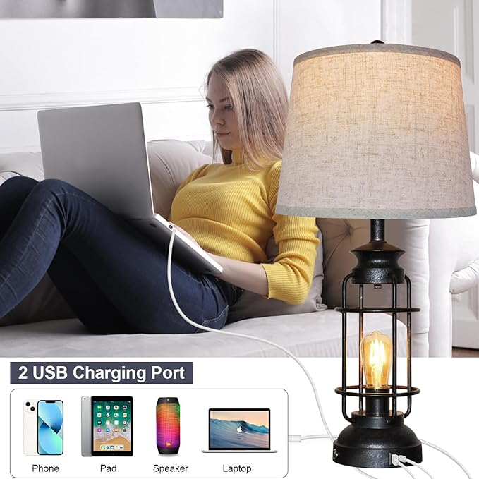 Table Lamps Set of 2 with USB Port 3 Way Dimmable Touch Lamps 28.5" Tall Rustic Industrial Living Room Lamps for Bedroom Bedside Office 4 Bulbs Included - Bloomnest