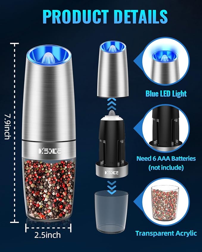 XinXu Gravity Electric Pepper/Salt Grinder, Salt and Pepper Mill & Adjustable Coarseness, Battery Powered with LED Light, One Hand Automatic Operation, Stainless steel - (Single/Silver) - Bloomnest