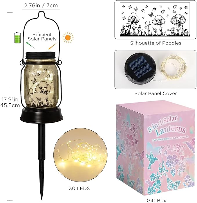kyoryuger Poodle Gifts for Women/Men, Poodle Solar Lanterns Dog Mom Birthday, Dog Lovers Lantern, Pet Loss Pet Memorial Lights, Solar Garden Decoration Outside for Yard, Patio,Backyard,Porch - Bloomnest