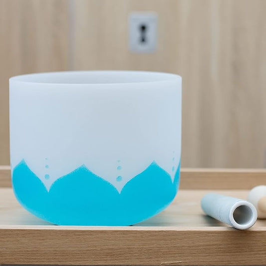 Leize Crystal Singing Bowl 432hz G Note Throat Chakra Blue Lotus Design 8" Wide with Suede Striker - Bloomnest