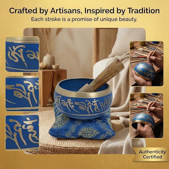 4 Inches Hand Painted Metal Tibetan Buddhist Singing Bowl Musical Instrument for Meditation with Stick and Cushion - Bloomnest