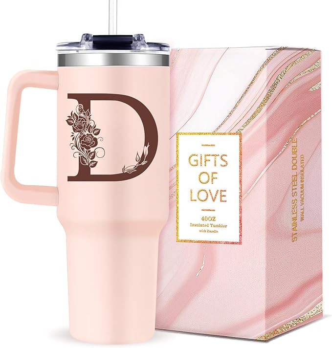 Monogrammed 40oz Tumbler with Handle for Women, Personalized Birthday Gifts for Women,Initial Cups for Woman Pink Letter D,Customized Gifts for Female Lady Gift for Mothers Day Christmas - Bloomnest