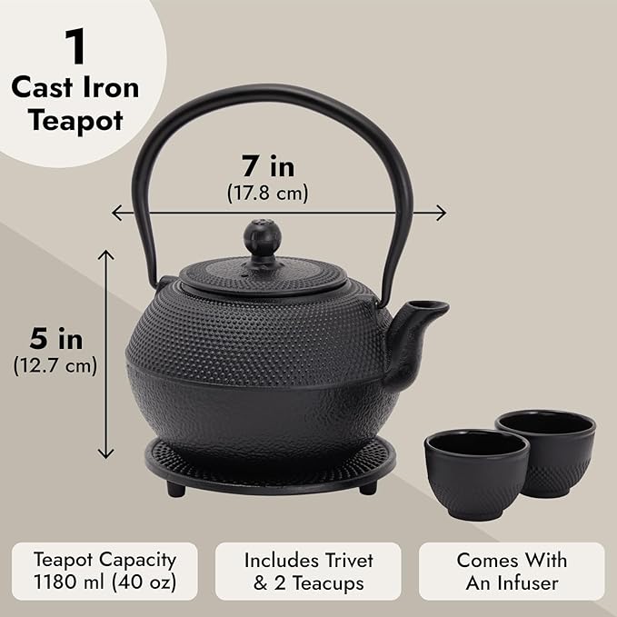 Juvale Cast Iron Teapot - 1200 mL, Black, 2 Cups - Japanese Tea Set with Stainless Steel Infuser & Stovetop Kettle for Loose Leaf Tea
