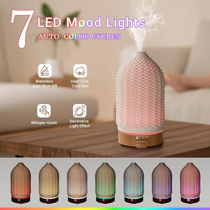Ultrasonic Essential Oil Diffuser 100ML - Cool Mist Humidifier, 7-Color LED Lights, 3 Timer & Auto Shut-Off, Ideal Gift for Home Bedroom Office (Cream) - Bloomnest