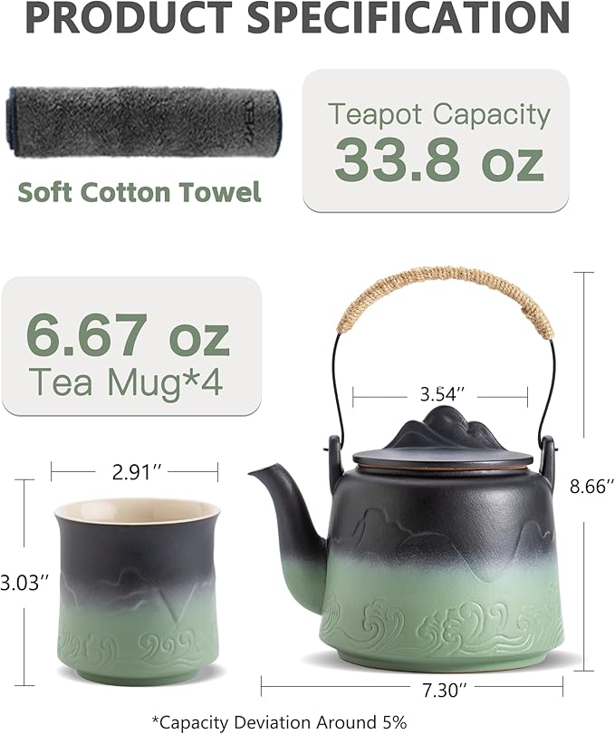 ZENS Vintage Japanese Tea Set with 4 Tea Cups, 33.8 oz Embossed Ceramic Loose Leaf Teapot with Built-in Strainers for Tea Steeper, Hemp Rope Handle Gradient Japanese Tea Pot for Tea Lovers Gifts - Bloomnest