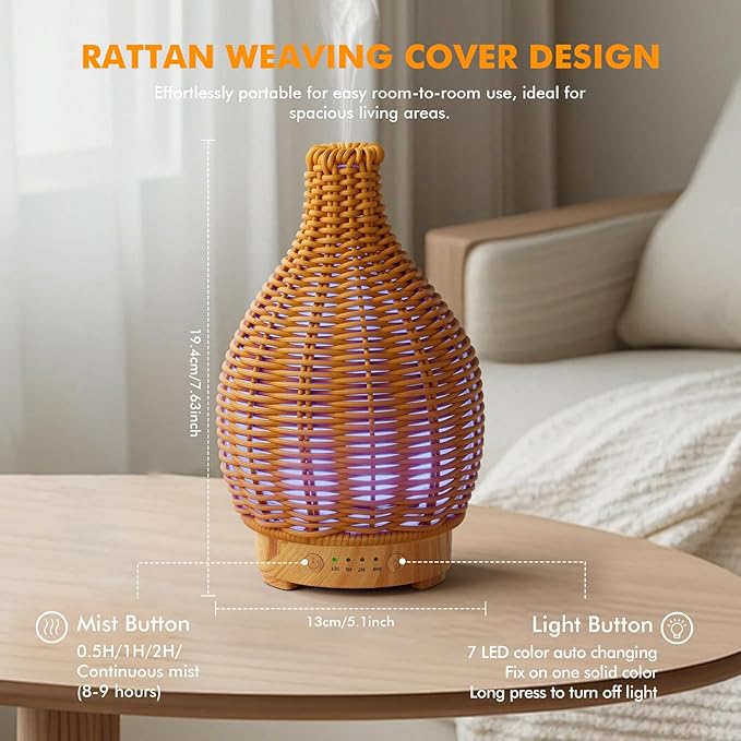 Boho Essential Oil Diffuser for Home -150ml Ultrasonic Fragrance Diffuser Humidifier Whisper Quiet Timer Setting 7 LED Colors Changing Lights for Home Office Decor & Gift (Handwoven) - Bloomnest