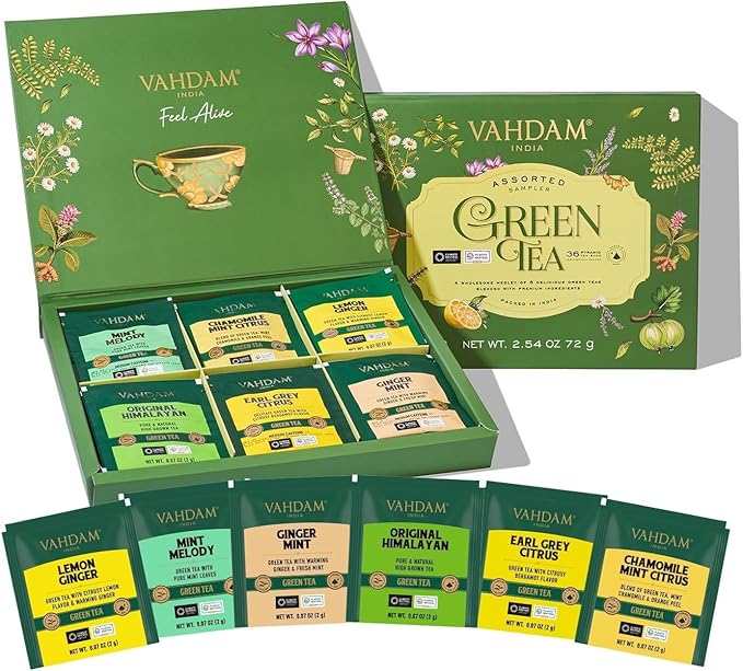 VAHDAM, Green Tea Variety Pack Sampler Assortment (36 Pyramid Tea Bags, 6 Flavor) | Non-GMO Project Verified Himalayan Green Tea with No Artificial Ingredients | Valentines Day Gifts for Him & Her