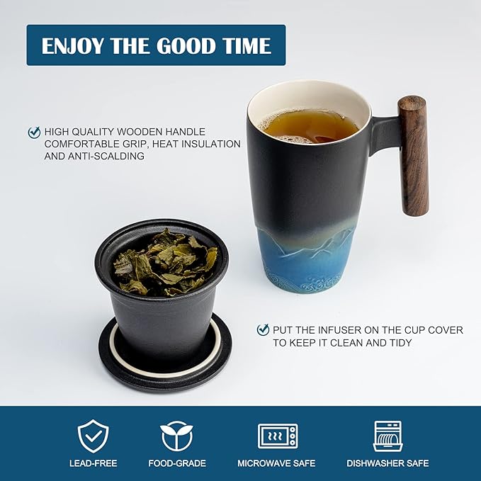 suyika Tomotime Ceramic Tea Cup with Infuser and Lid Tea Mugs Wooden Handle 400ml/13.5oz Black cyan