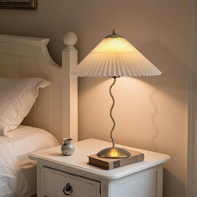 Pleated Table Lamp, S Tube Modern Table Lamp for Bedroom, Bedside Lamps with Organic Textured Linen Lampshade for Nightstand Bedroom Home Office Decor, Gold - Bloomnest