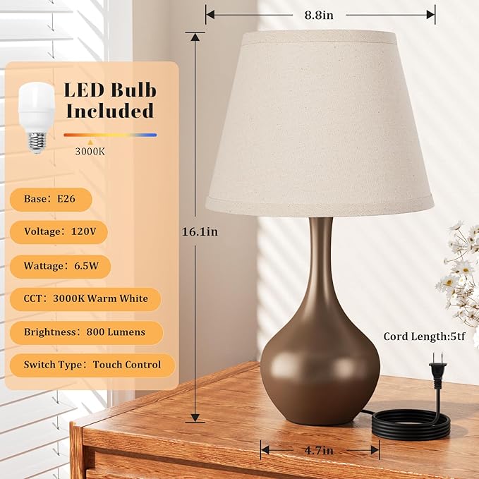Seealle Touch Table Lamp for Bedroom, 3-Way Dimmable Small Bedside Lamps for Night Stands with Wires, Brown Desk Lamp for Kids Room, Office, Living Room, End Table(LED Bulb Included) - Bloomnest
