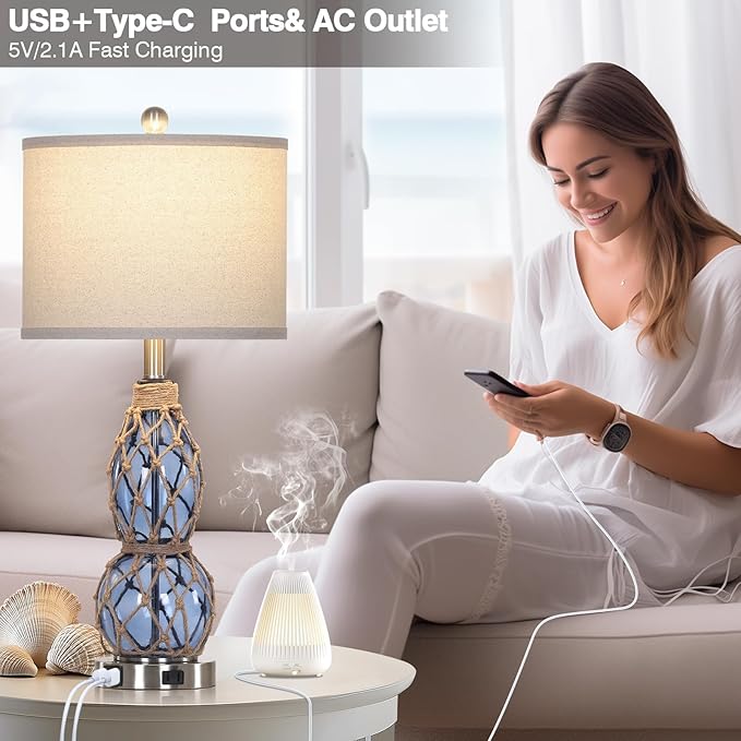 26" Coastal Glass Table Lamps Set of 2, 3-Way Dimmable Touch Lamps with USB Ports and AC Outlet, Nautical Bedside Lamps for Bedroom Living Room - Bloomnest