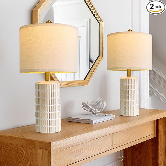 PoKat 20.75" Small Modern Ceramic Table Lamps Set of 2 for Bedroom, White Bedside Lamps for Night Stands, Farmhouse Desk Decor Nightstand Table Lamps for Living Room End Table Beige - Bloomnest