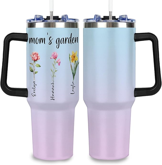 Personalized Birth Flower Tumbler with Handle and Straw Lid, Custom 40oz Cup with Name for Women, Mothers Day Birthday Gifts From Daughter, Stainless Steel Travel Coffee Tumbler, Gifts for Christmas - Bloomnest