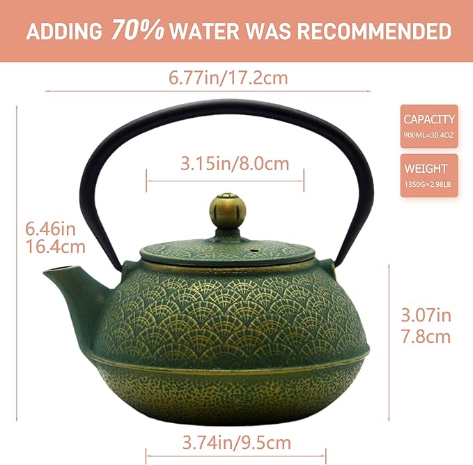 900ml Cast Iron Tea Kettle,SECHUDO Teapot Coated with Enameled Interior for Loose Leaf, Small Cast Iron Teapot with Strainer for Stovetop Safe, Green Iron Kettle(30.4oz)