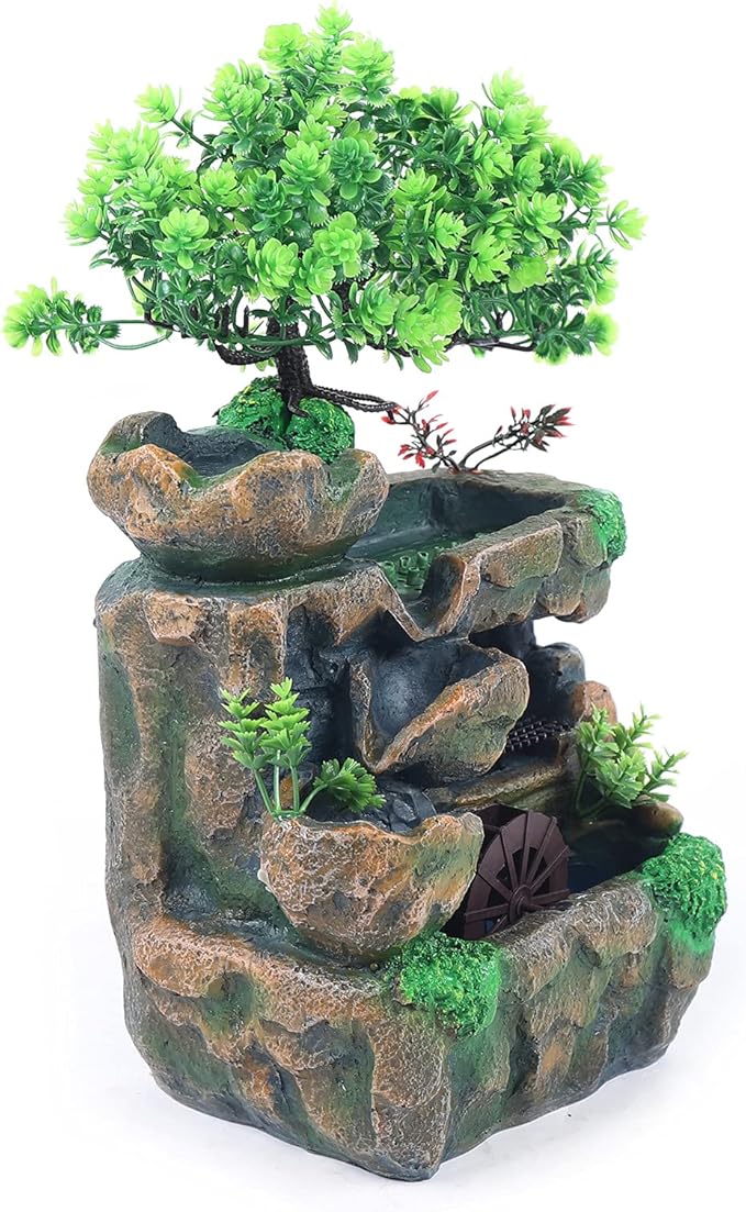 Tabletop Fountain Rockery, Small Waterfall Water Fountains Indoor, Mini Desktop Waterfall with Water Pump Atomizer for Home Office Bedroom Desk Decoration