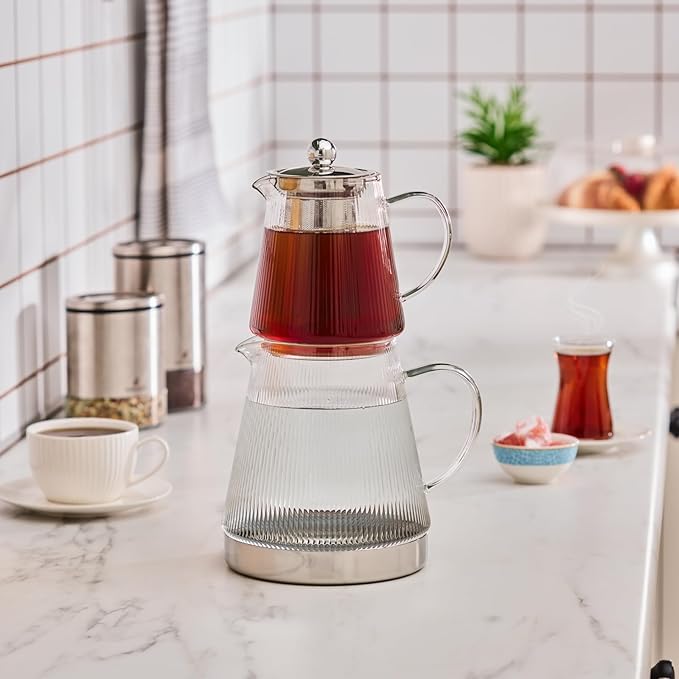Karaca Keops XL Borosilicate Glass Teapot with Infuser and Lid for Stovetop, Transparent Silver, 1L Tea Pot & 2L Tea Kettle Set for Loose Leaf & Herbal, Dishwasher Safe - Bloomnest
